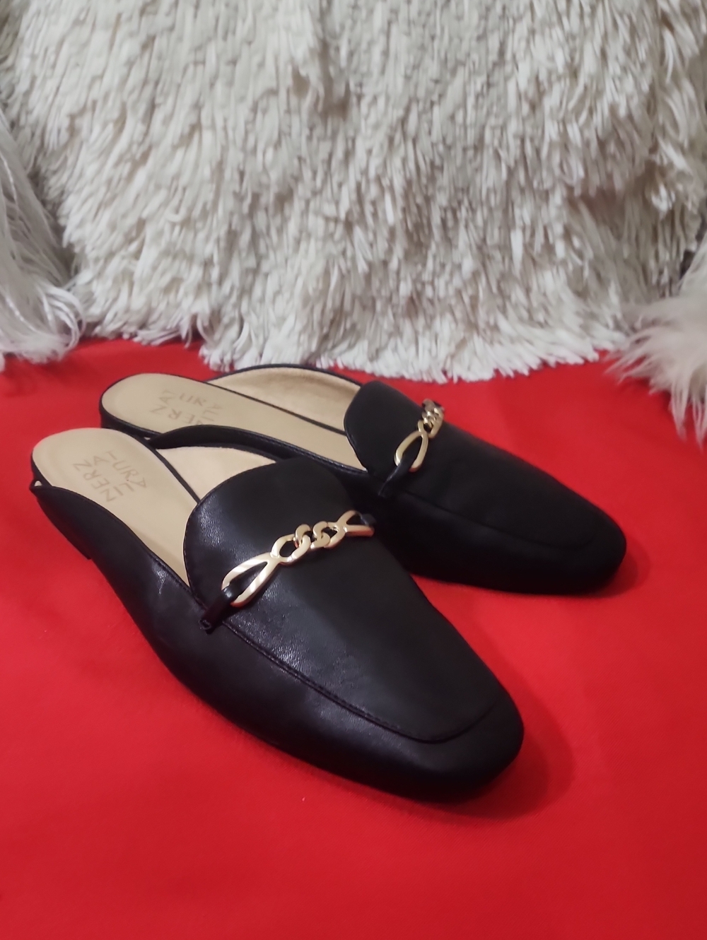 Naturalizer Kayden Black Slip-On Mules with Gold Chain Accent